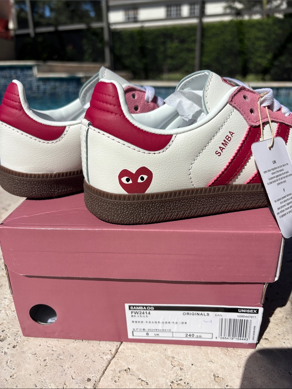 Adidas Samba White and Pink Heart-Print Sneakers COMME des GARÇONS collab 6.5 - Picture 7 of 12